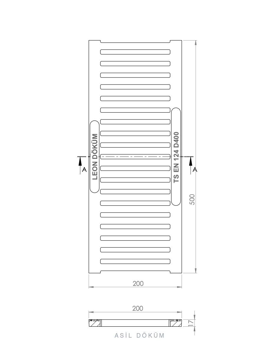 200×500×20 mm Döküm Kanal Izgarası (D400) — Teknik Çizim