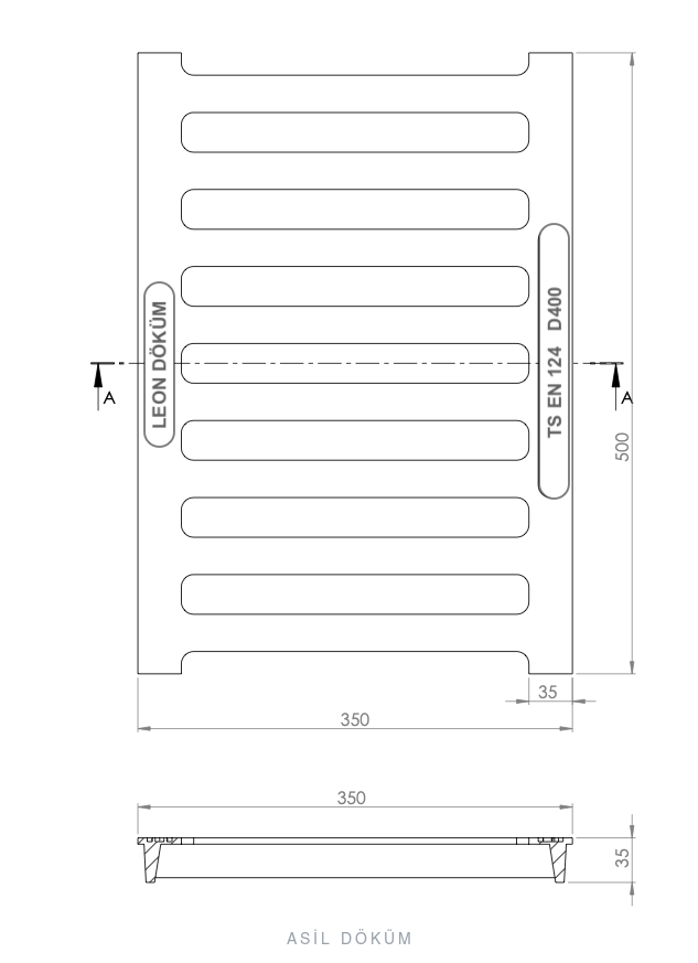 350×500×45 mm Cast Iron Channel Grating (D400) — Technical Drawing