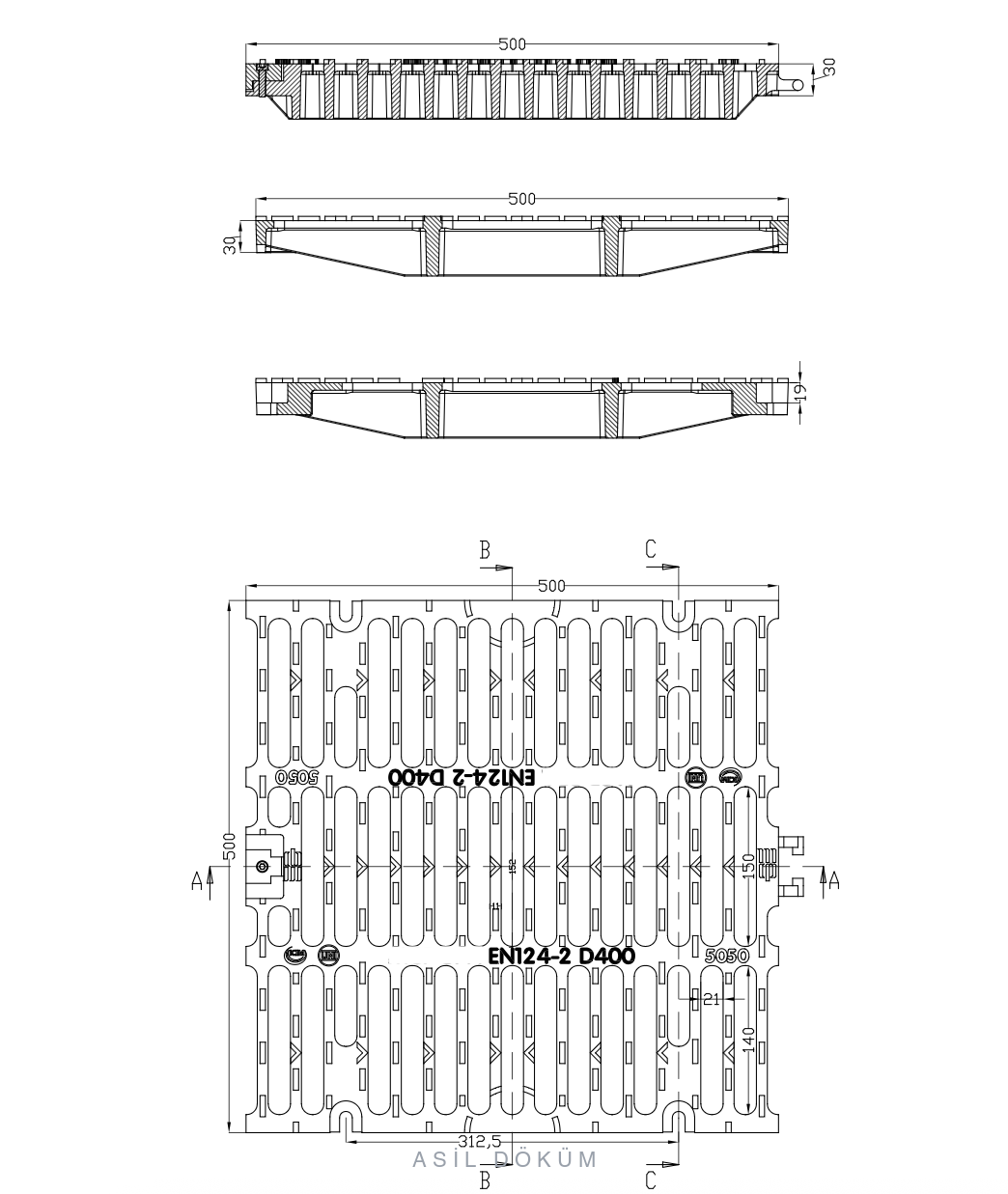500×500×30 mm Kilitli Döküm Kanal Izgarası (C250) — Teknik Çizim