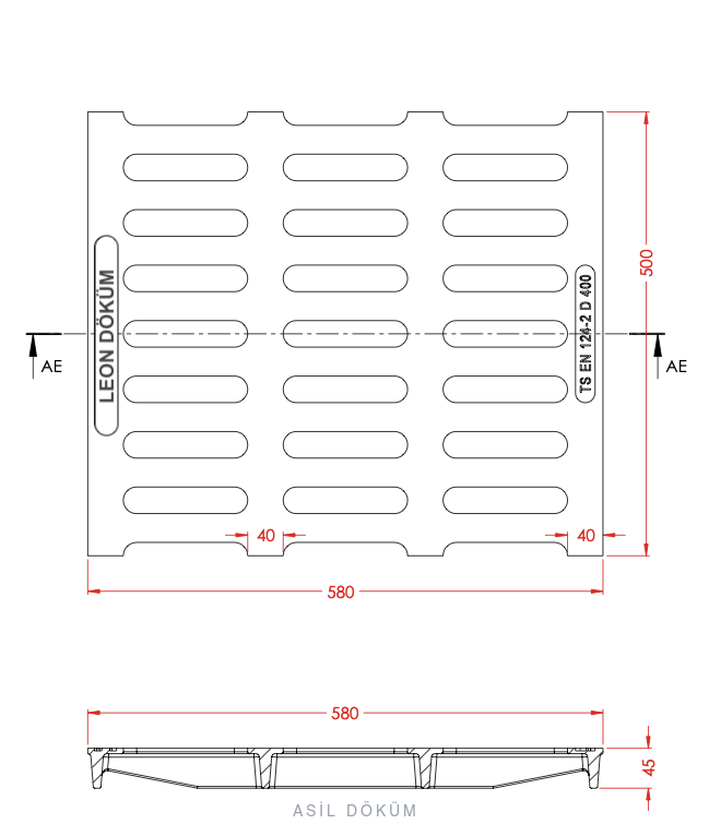 580×500×45 mm Cast Iron Channel Grating (E600) — Technical Drawing