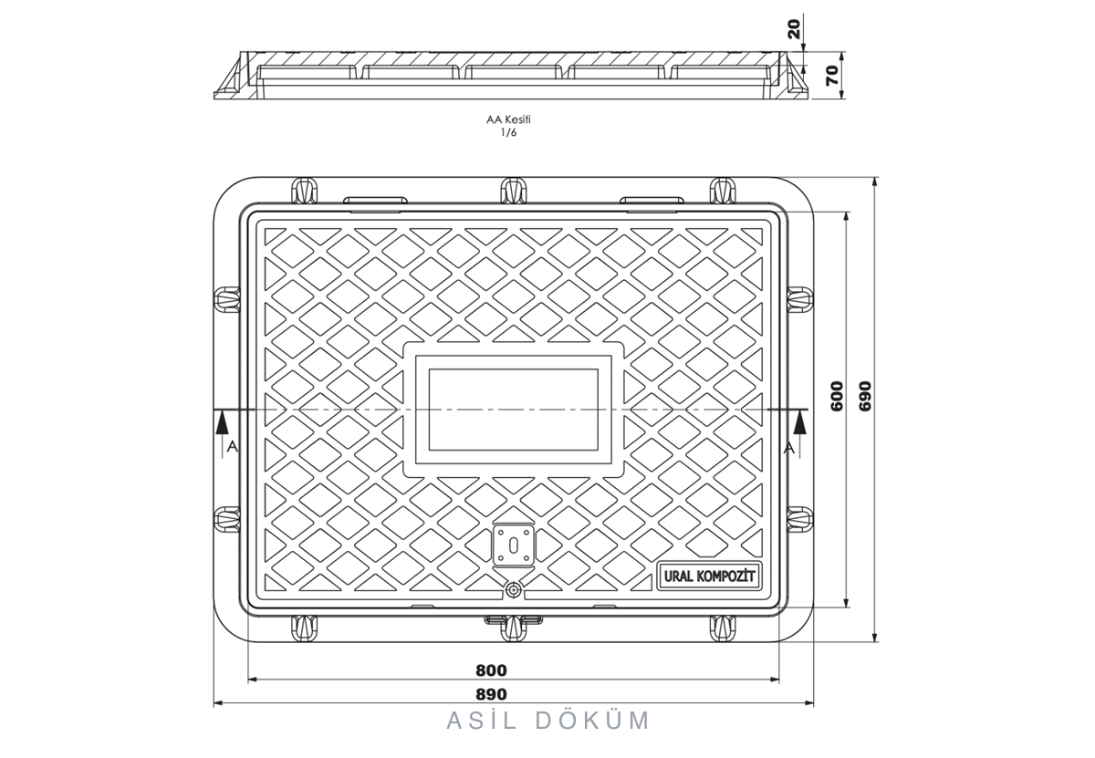 60×80 cm Rectangular Cast Iron Manhole Cover (C250) — Technical Drawing