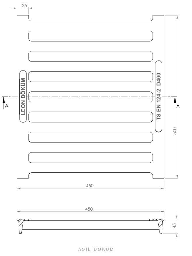 450×500×35 mm Cast Iron Channel Grating (D400) — Technical Drawing