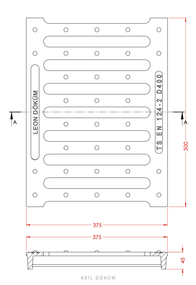 375×500×45 mm Döküm Kanal Izgarası (D400) — Teknik Çizim