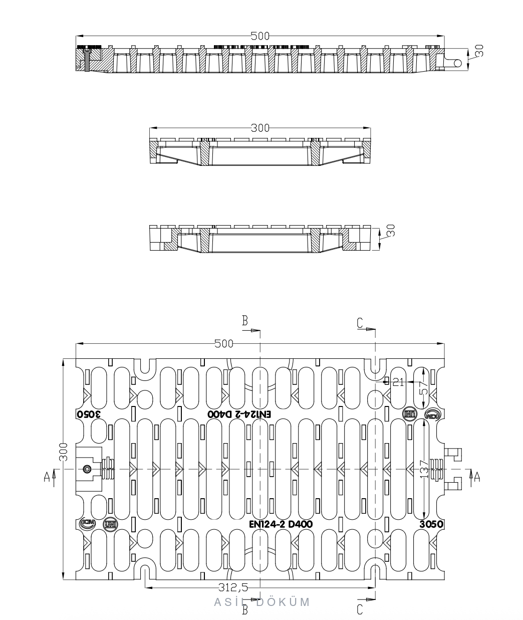 300×500×30 mm Locking Cast Iron Channel Grating (C250) — Technical Drawing