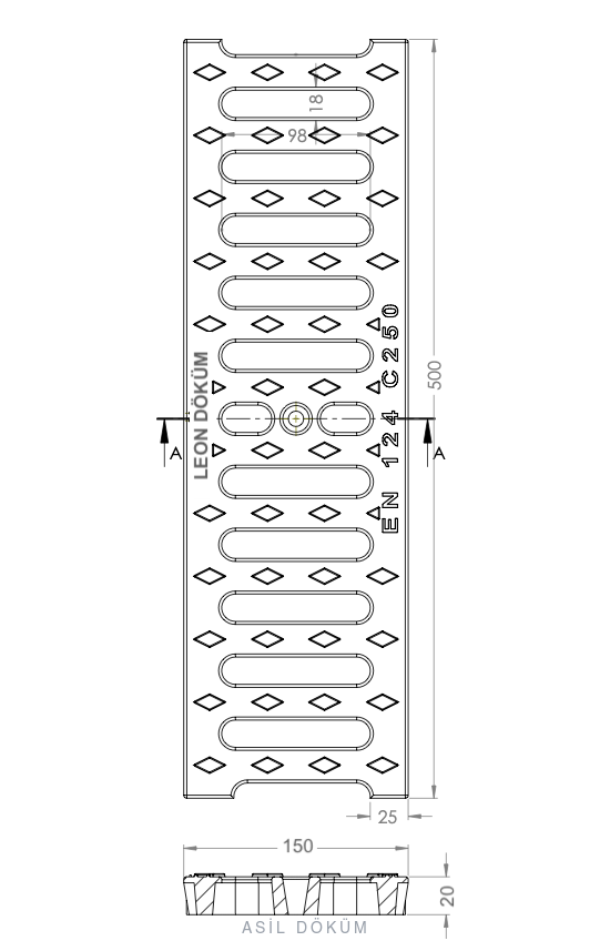 150×500×27 mm Cast Iron Channel Grating (C250) — Technical Drawing