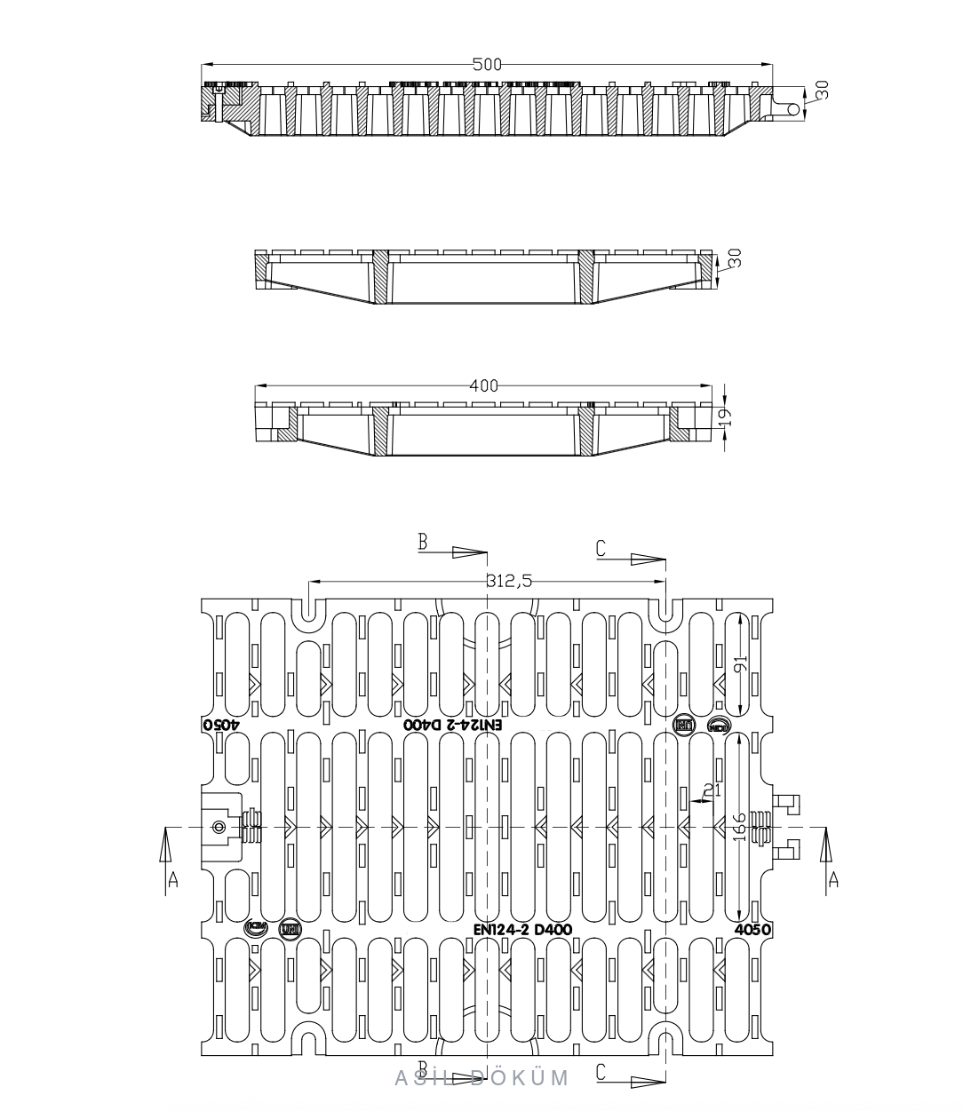 400×500×30 mm Kilitli Döküm Kanal Izgarası (C250) — Teknik Çizim