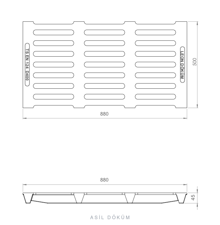880×500×45 mm Cast Iron Channel Grating (D400) — Technical Drawing
