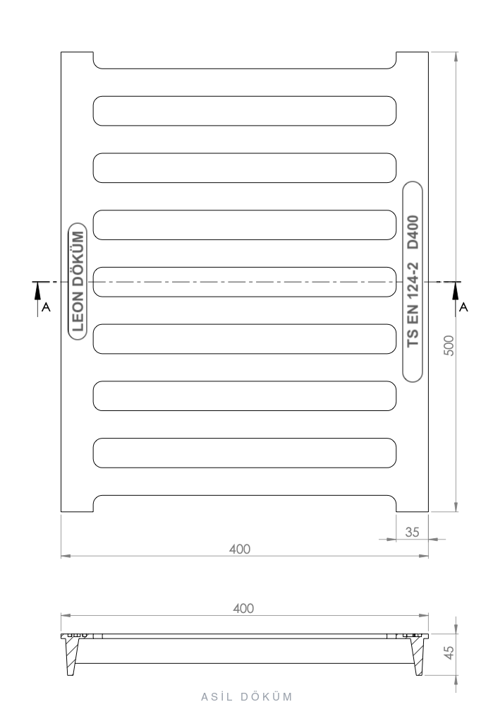 400×500×35 mm Döküm Kanal Izgarası (D400) — Teknik Çizim