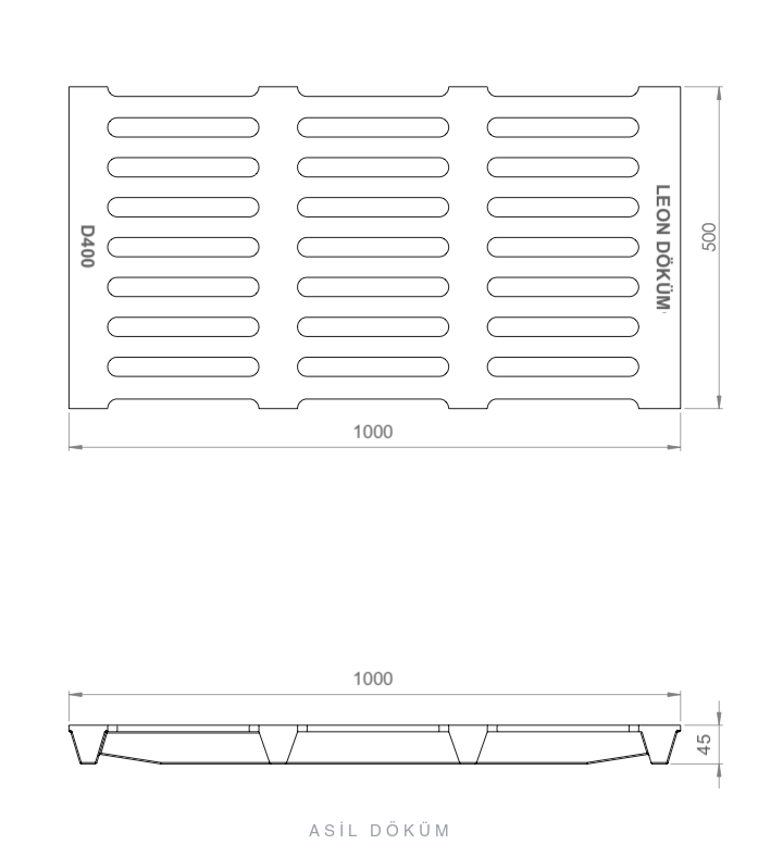 1000×500×45 mm Cast Iron Channel Grating (C250) — Technical Drawing