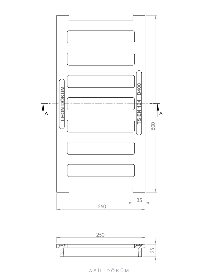 250×500×27 mm Döküm Kanal Izgarası (D400) — Teknik Çizim