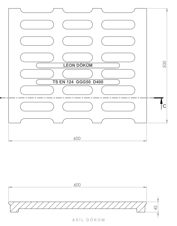 600×500×45 mm Cast Iron Channel Grating (C250) — Technical Drawing
