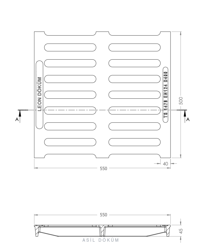 550×500×45 mm Döküm Kanal Izgarası (D400) — Teknik Çizim