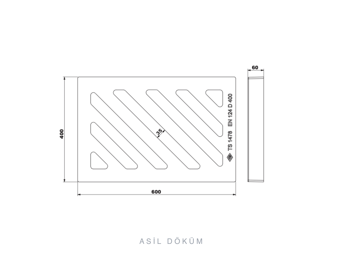 400×600×45 mm Cast Iron Channel Grating (D400) — Technical Drawing