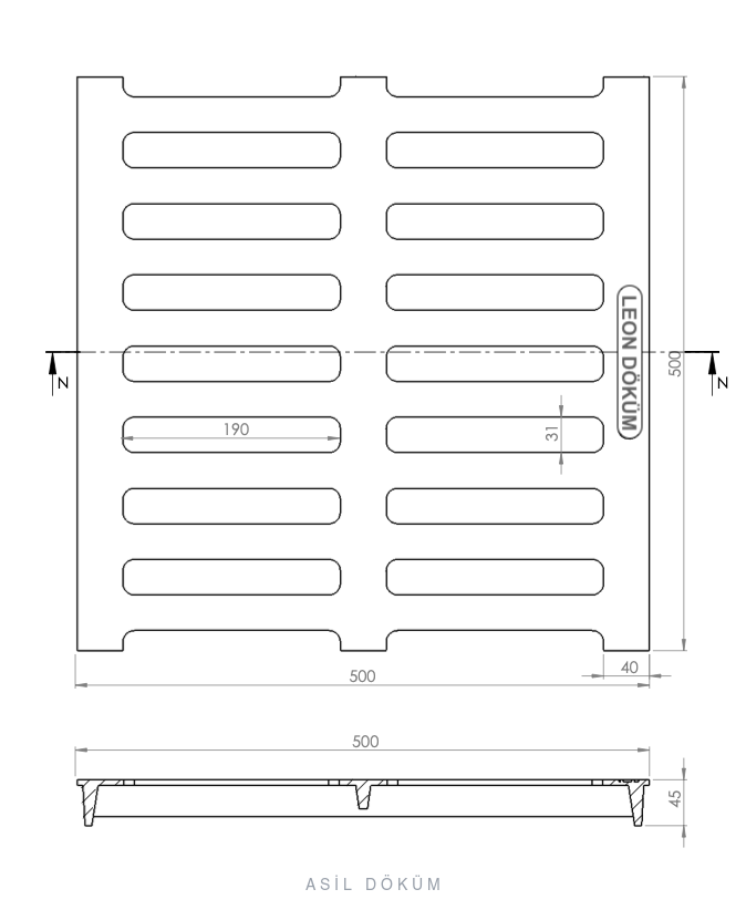 500×500×45 mm Cast Iron Channel Grating (C250) — Technical Drawing