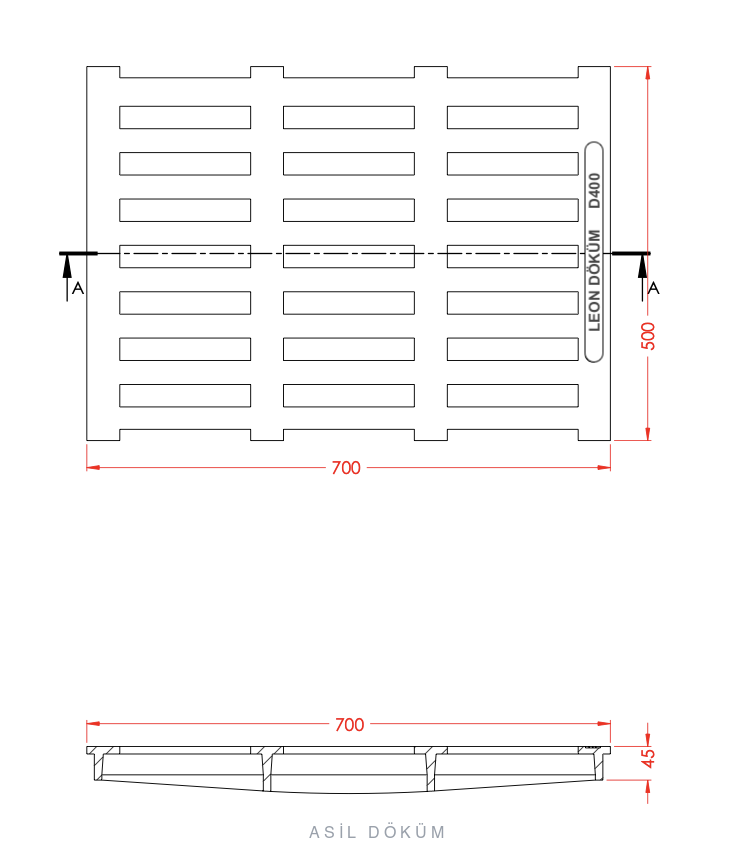 700×500×45 mm Cast Iron Channel Grating (D400) — Technical Drawing