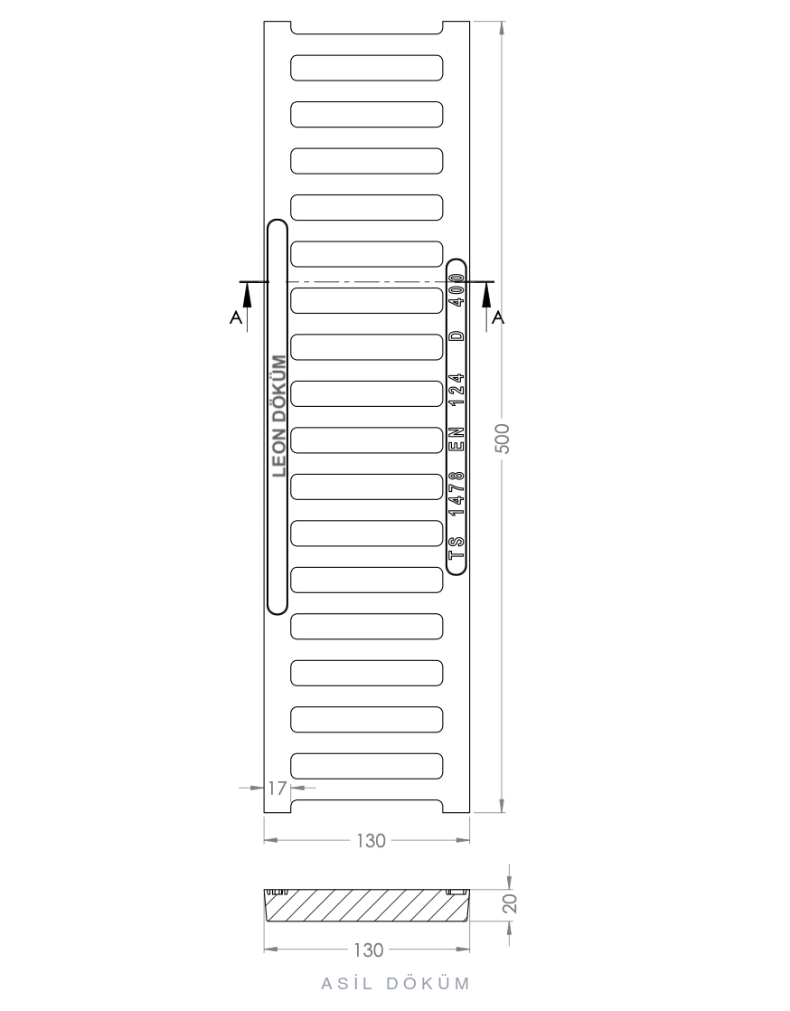 125×500×27 mm Cast Iron Channel Grating (D400) — Technical Drawing