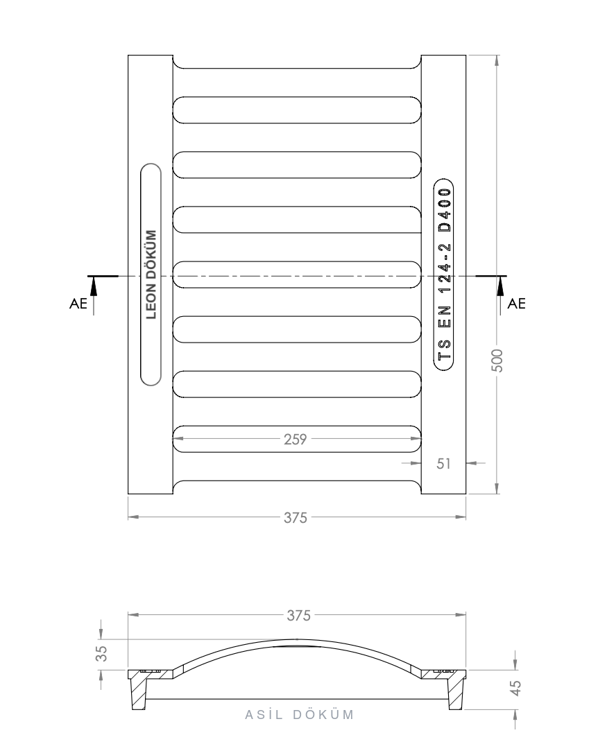 375×500×45 mm Convex Type Channel Grating (D400) — Technical Drawing