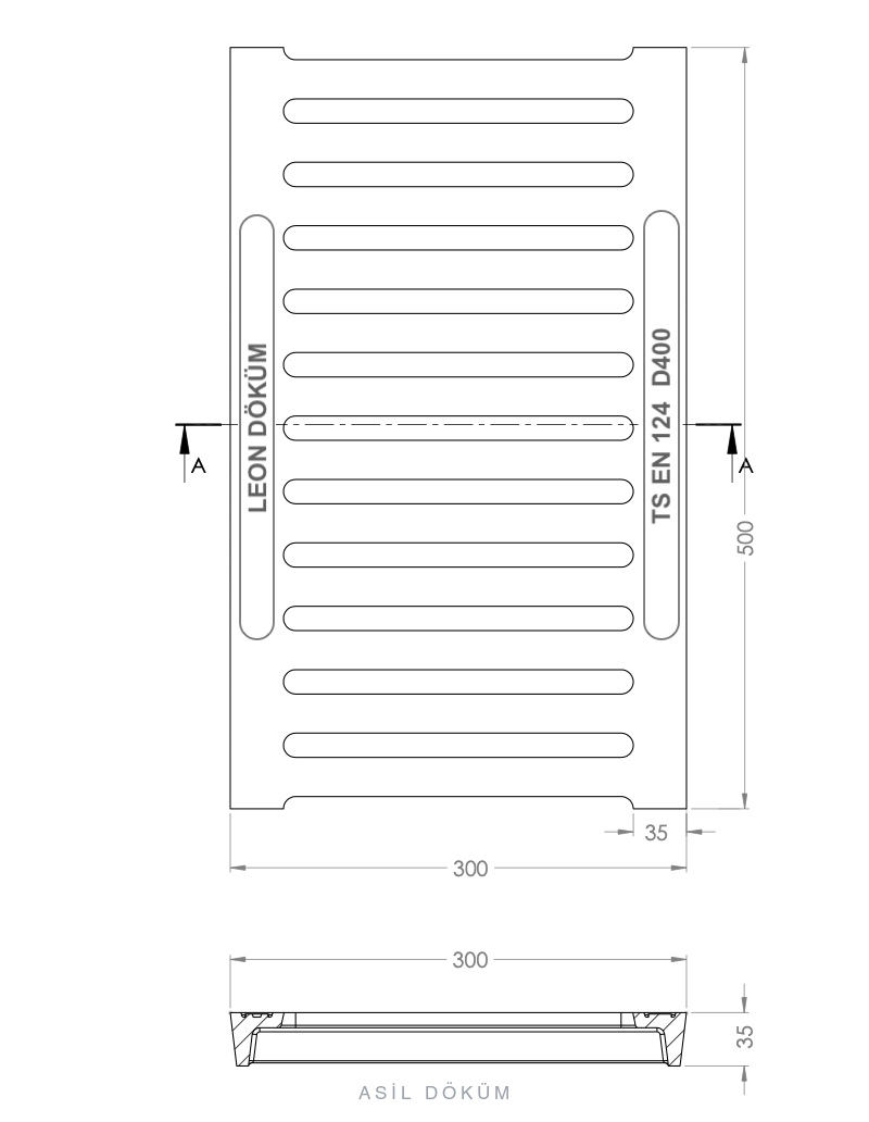 300×500×35 mm Cast Iron Channel Grating (C250) — Technical Drawing