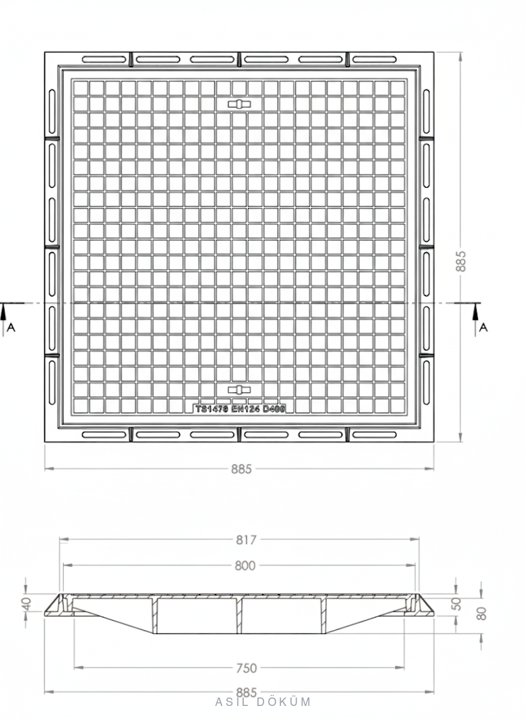 88×88 cm Kare Döküm Rögar Kapağı (C250) — Teknik Çizim