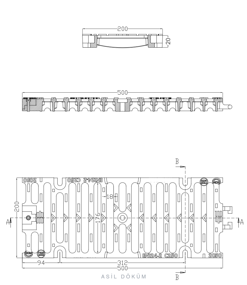 200×500×20 mm Kilitli Döküm Kanal Izgarası (D400) — Teknik Çizim