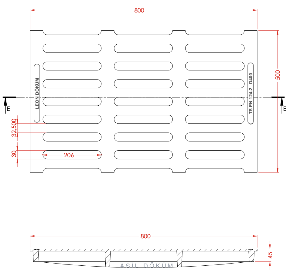 800×500×45 mm Cast Iron Channel Grating (C250) — Technical Drawing