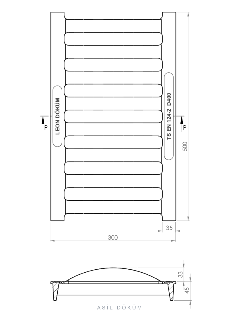 300×500×35 mm Convex Type Channel Grating (D400) — Technical Drawing
